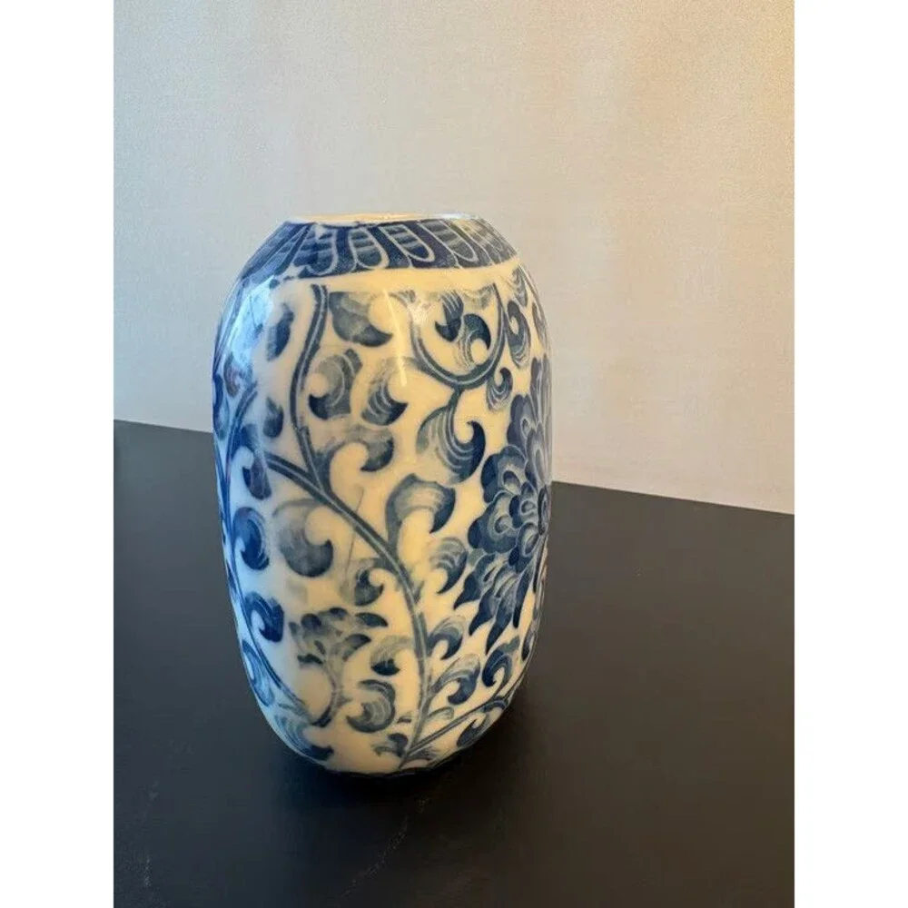 Andrea by Sadek Blue and White Vase Ovoid Scrolling Lotus Porcelain